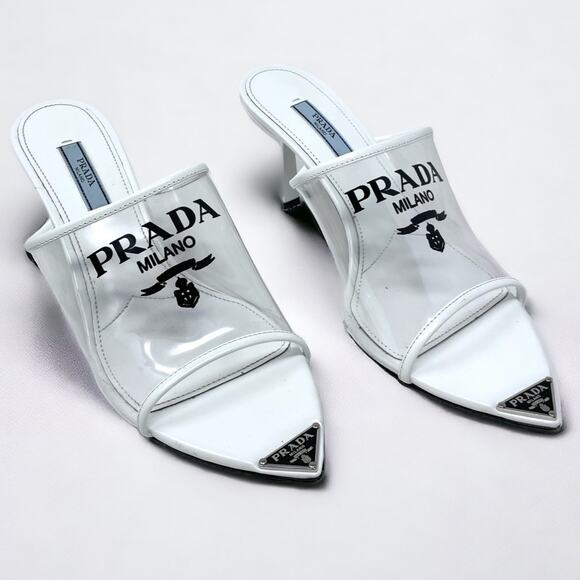 Prada Shoes - Prada Plexiglass White Leather Metal Triangle Logo 75mm Slide Sandal Heel EU 38